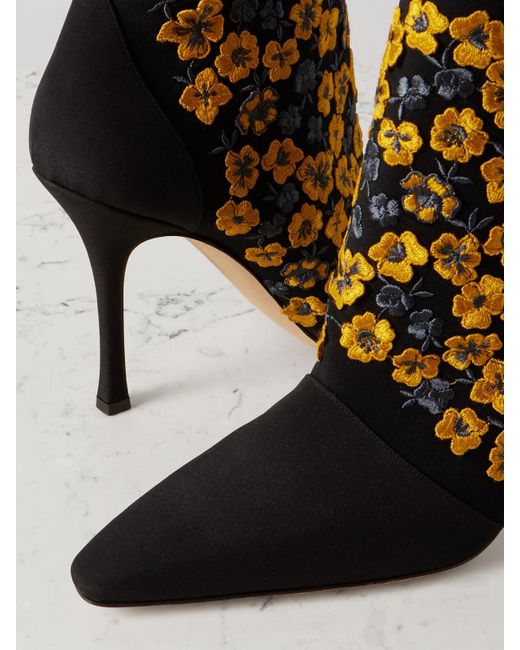 Manolo Blahnik Black Botiye 105 Embroidered Silk Crepe De Chine Ankle Boots