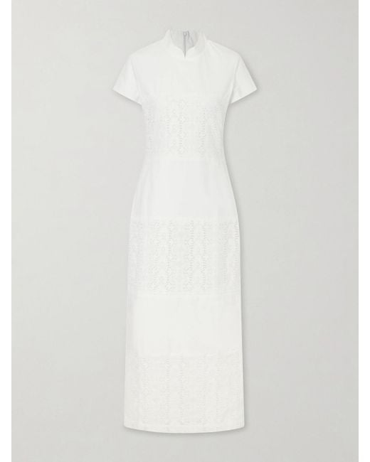 D'Estree White Clelia Paneled Broderie Anglaise-Trimmed Cotton-Poplin Midi Dress