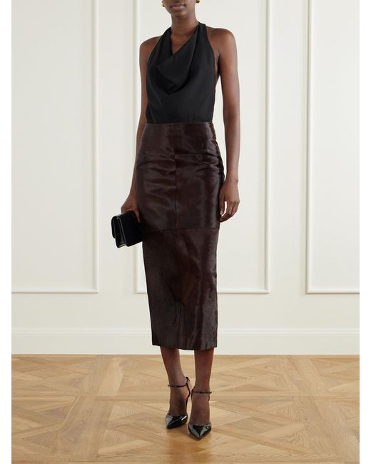 Nour Hammour Brown Elyse Paneled Calf Hair Midi Skirt
