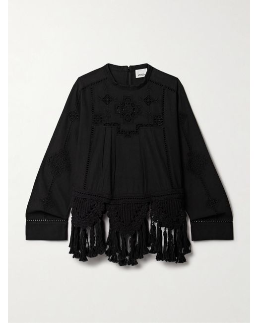 Isabel Marant Black Severine Oberteil Aus Baumwolle Mit Falten, Häkeleinsätzen Und Besatz Aus Makrameegarn