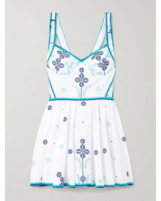 Charo Ruiz Blue Moli Shirred Broderie Anglaise Cotton-Blend Mini Dress