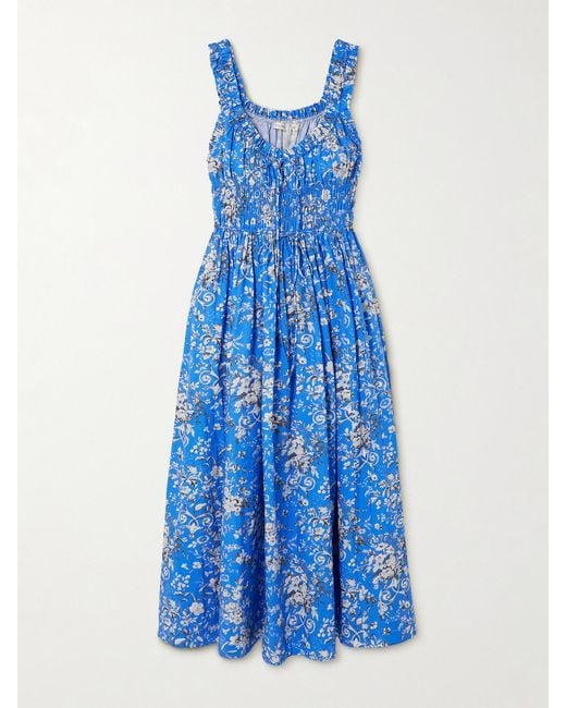 Doen Blue Emmaretta Shirred Floral-Print Organic Cotton-Voile Midi Dress