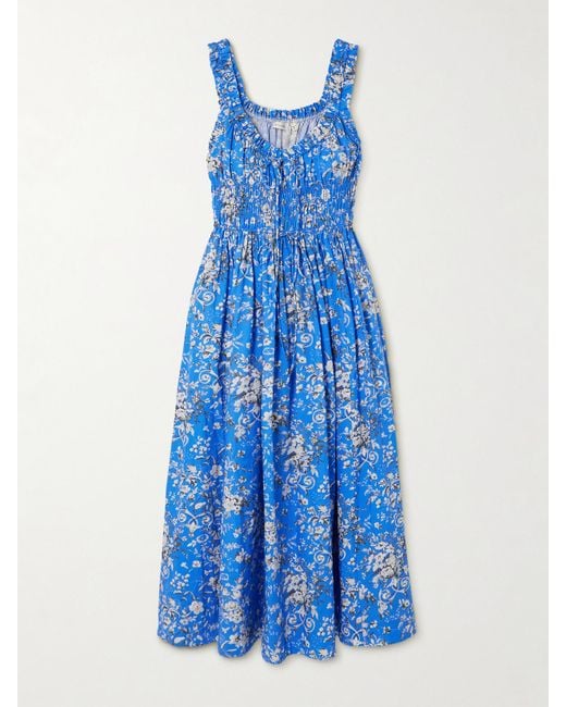 Doen Blue Emmaretta Midikleid Aus Biobaumwoll-Voile Mit Blumenprint Und Raffungen