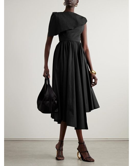 Salon 1884 Black Net Sustain Evanne Asymmetric Pleated Cotton-Poplin Midi Dress