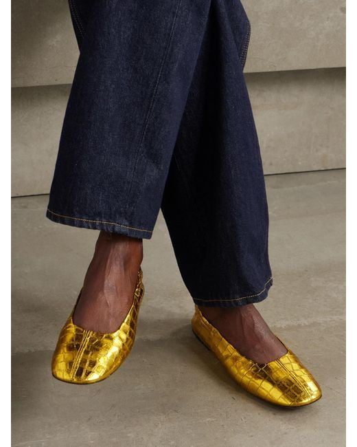 Dries Van Noten Yellow Metallic Croc-Effect Leather Ballet Flats