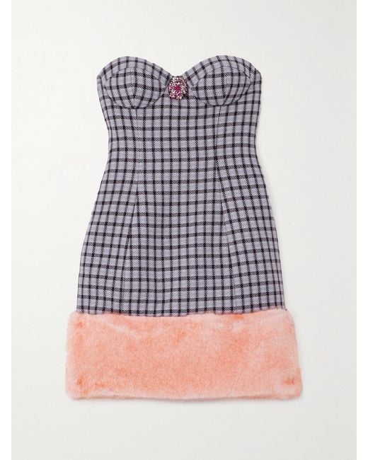 Area Purple Strapless Embellished Faux Fur-Trimmed Houndstooth Wool-Blend Mini Dress