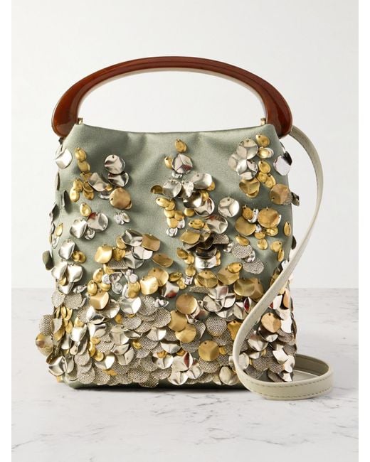 Dries Van Noten Green Leather-Trimmed Embellished Satin Shoulder Bag