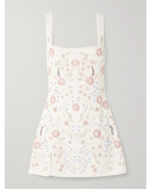 Clio Peppiatt Natural Meadow Embellished Beaded Stretch-Tulle Mini Dress