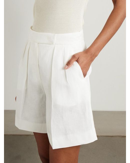 Max Mara White Dindy Pleated Linen Straight-Leg Shorts