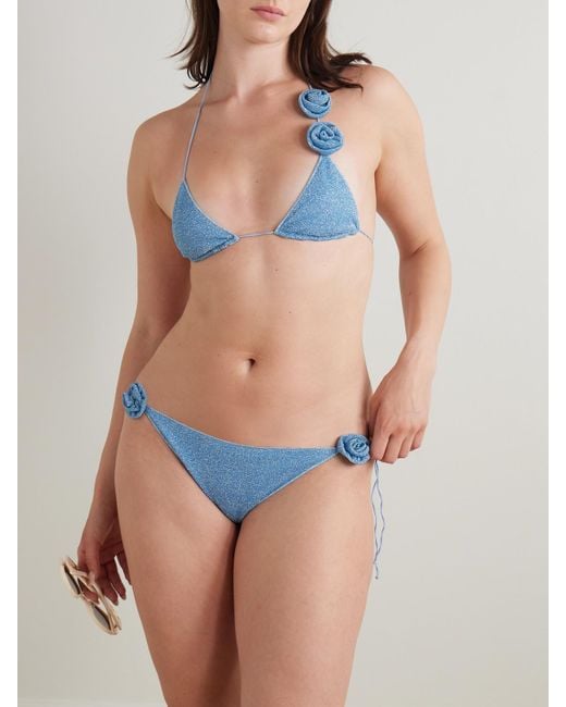 Oseree Blue Lumière Rose Appliquéd Lurex Triangle Bikini