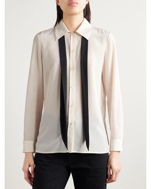 Nili Lotan Natural Hanford Pussy-Bow Two-Tone Silk Crepe De Chine Blouse