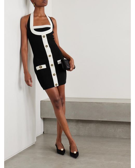Balmain White Button-Embellished Knitted Halterneck Mini Dress