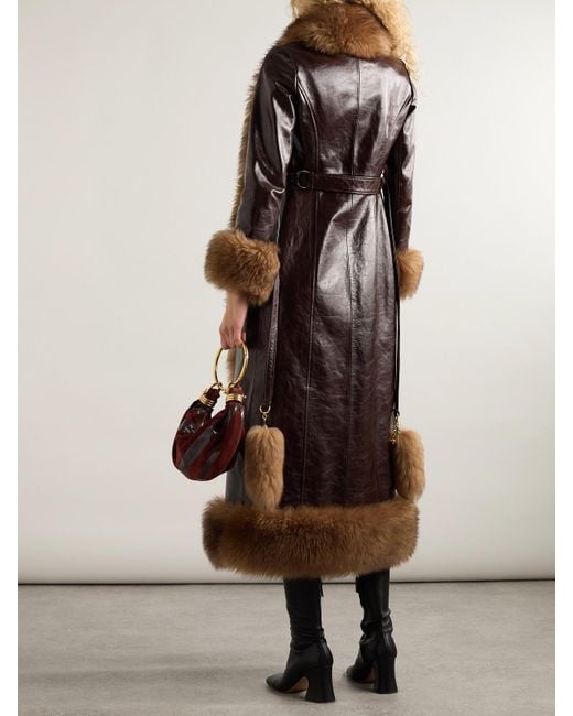 Chloé Brown Fleece-Trimmed Belted Leather Coat
