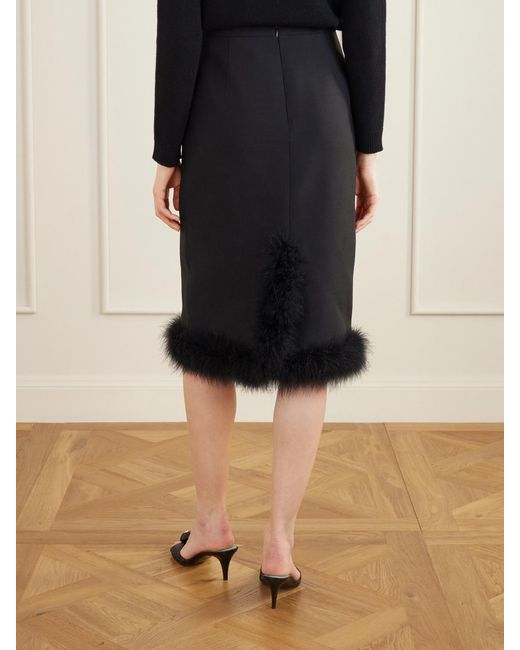 Valentino Garavani Black Feather-Trimmed Wool And Silk-Blend Crepe Midi Skirt