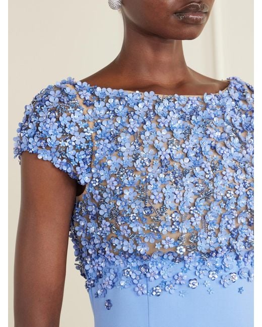 Oscar de la Renta Blue Crystal-Embellished Embroidered Wool-Blend Gown