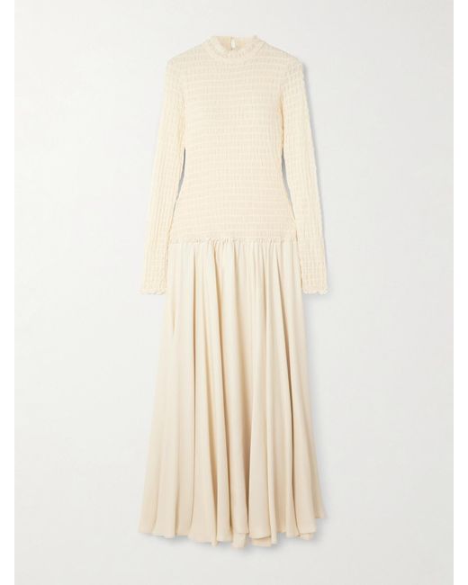 Siedres Natural Feja Open-Back Shirred Stretch-Mesh And Satin-Jersey Midi Dress