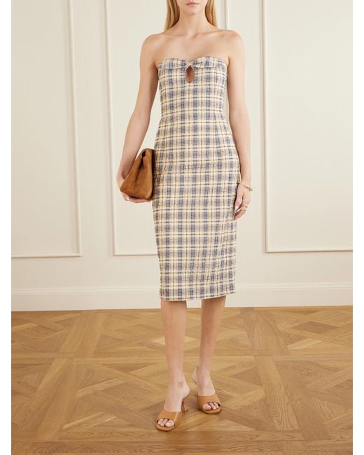 BERNADETTE White Bow-Embellished Checked Seersucker Midi Dress