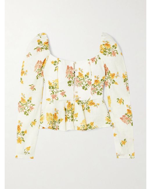 Agua Bendita Metallic Bromelia Cordillera Floral-Print Linen Peplum Top