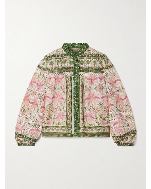 Farm Rio Pink Crochet-Trimmed Pintucked Printed Cotton-Voile Blouse