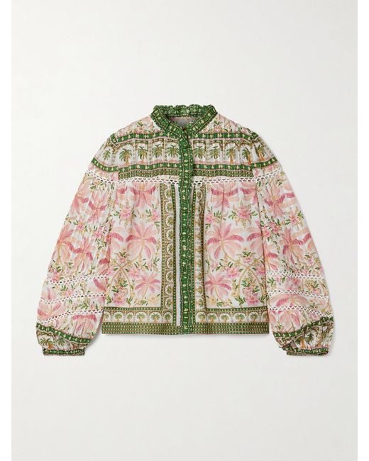 Farm Rio Pink Crochet-Trimmed Pintucked Printed Cotton-Voile Blouse