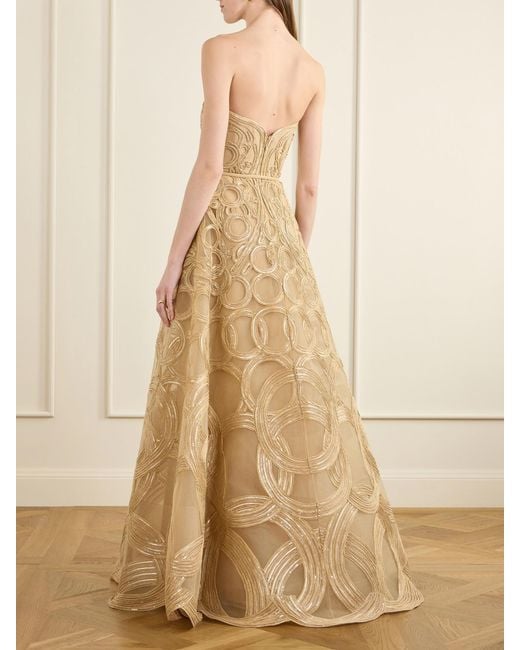 Elie Saab Natural Strapless Sequin-Embellished Raffia-Trimmed Tulle Midi Dress
