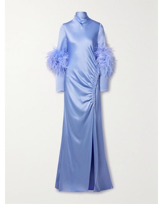 LAPOINTE Blue Feather-Trimmed Ruched Satin Gown