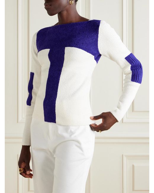 Tory Burch Blue Two-Tone Ribbed Silk-Blend Chenille Sweater