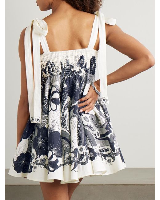 ALÉMAIS Blue Mickey Tie-Detailed Shirred Floral-Print Linen-Gauze Mini Dress