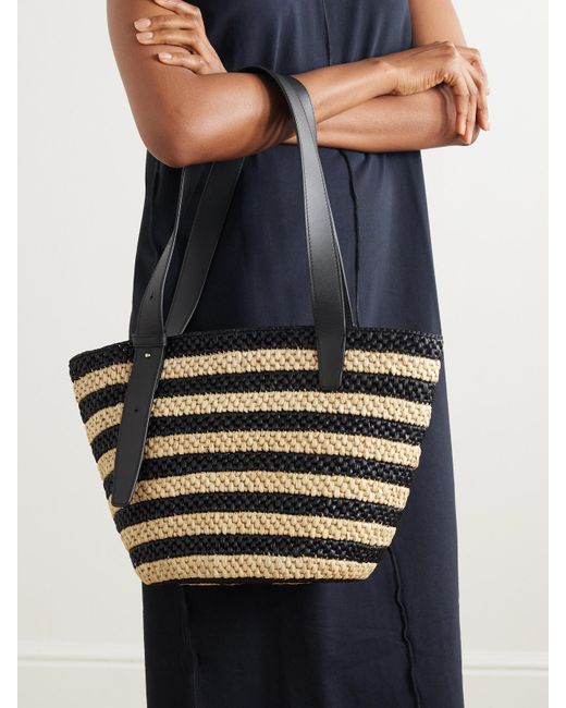 LIE STUDIO White The Bianca Small Leather-Trimmed Striped Raffia Tote