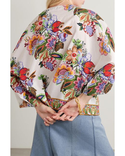 Etro White Tie-Detailed Floral-Print Cotton And Silk-Blend Voile Blouse