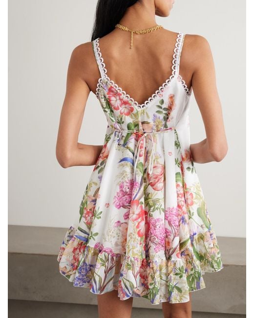 Charo Ruiz White Lily Ruffled Floral-Print Cotton-Blend Voile Mini Dress