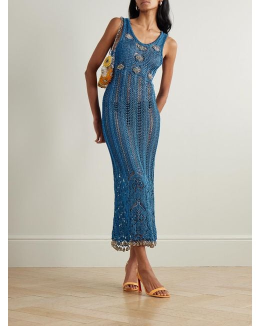 Rabanne Blue Bead-Embellished Metallic Open-Knit Midi Dress