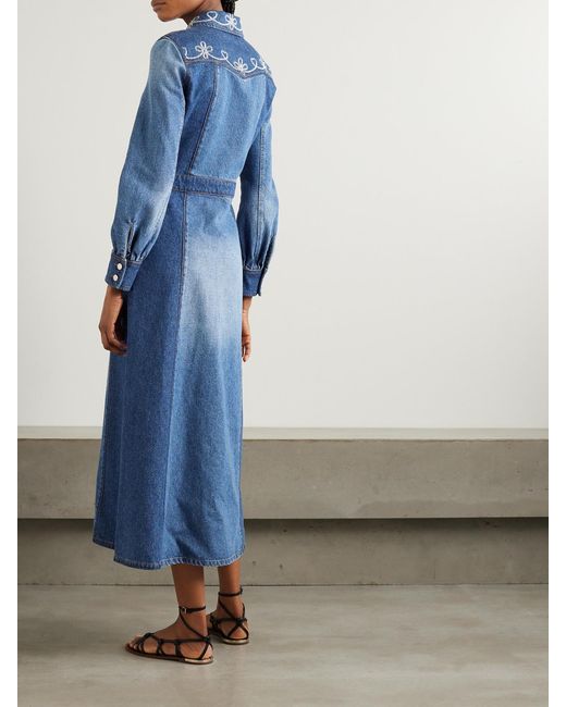 Chloé Blue Embroidered Two-Tone Cotton And Hemp-Blend Denim Midi Dress