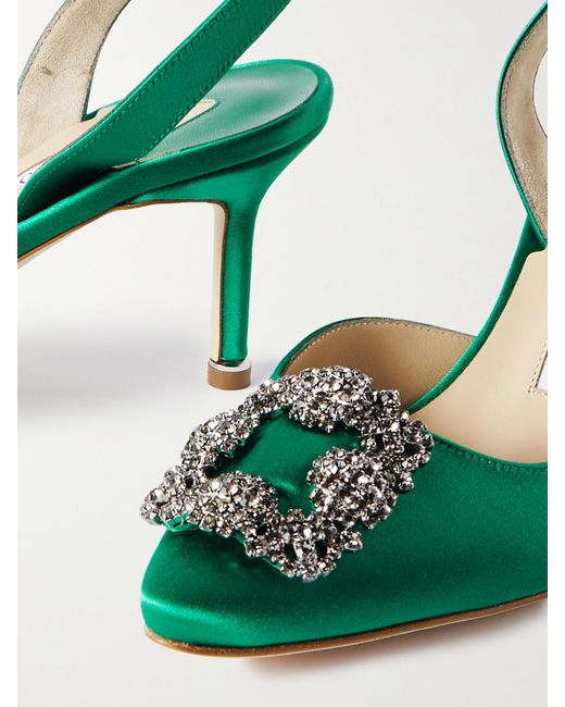 Manolo Blahnik Green Hangisli 70 Embellished Satin Slingback Pumps