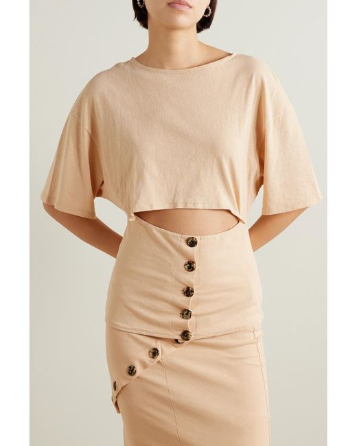 A.W.A.K.E. MODE Natural Button-Embellished Cutout Organic Cotton-Jersey T-Shirt