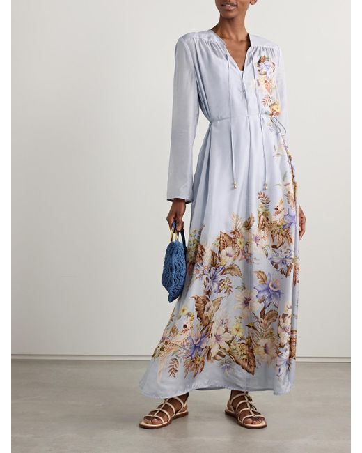Zimmermann White Coco Belted Printed Silk-Satin Maxi Dress