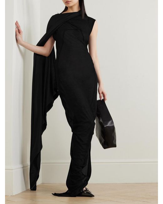 Rick Owens Black Asymmetric Layered Washed-Silk And Cotton-Jersey Maxi Dress