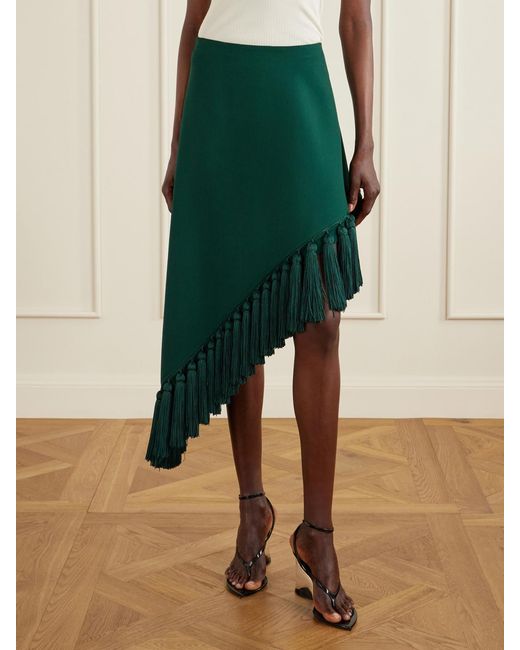 Alaïa Green Tassle Fringed Asymmetric Wool-Gabardine Midi Skirt