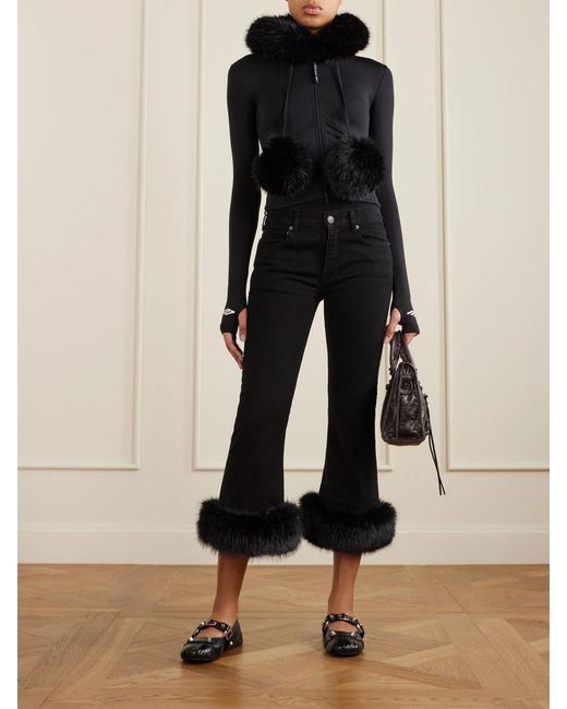 Balenciaga Black Plush-Trimmed Cropped Mid-Rise Flared Jeans
