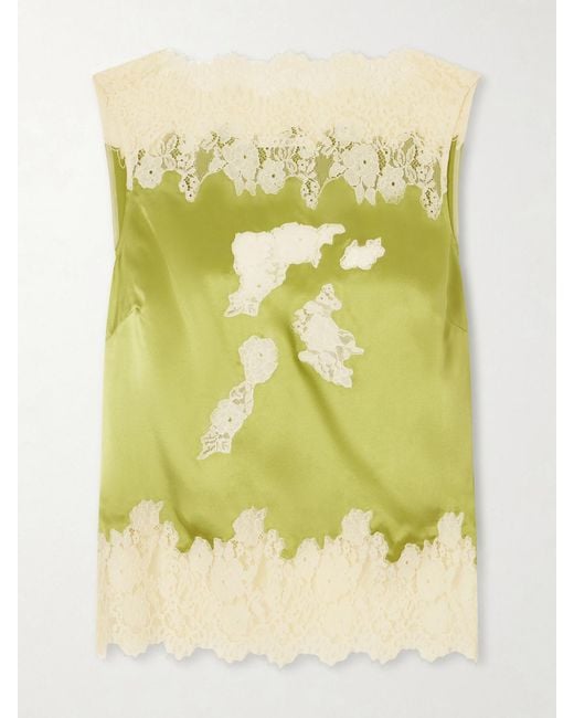 Doen Yellow Viviane Lace-Trimmed Silk-Satin Top