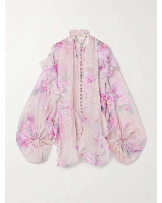 Zimmermann Pink Crush Tie-Neck Ruffled Floral-Print Linen And Silk-Blend Organza Blouse