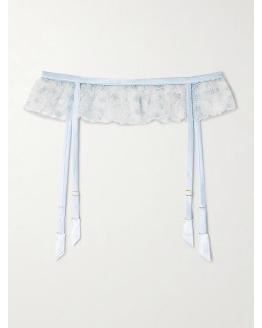 Kiki de Montparnasse White Mathilde Silk-Blend Satin-Trimmed Embroidered Tulle Suspender Belt