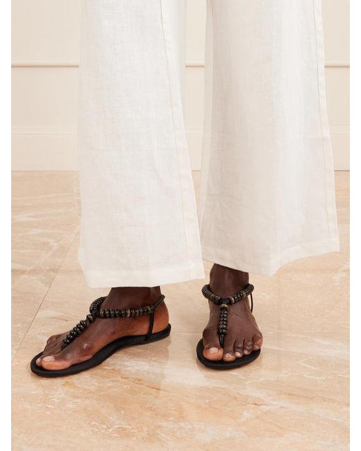 Le Monde Beryl Black Beaded Leather Flat Sandals