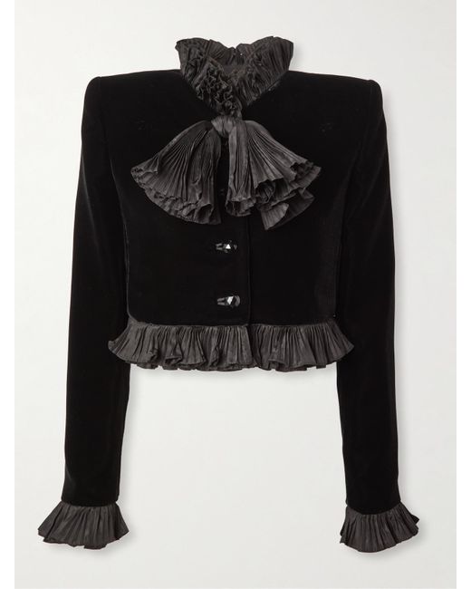 Valentino Garavani Black Ruffled Silk Taffeta-Trimmed Velvet Jacket