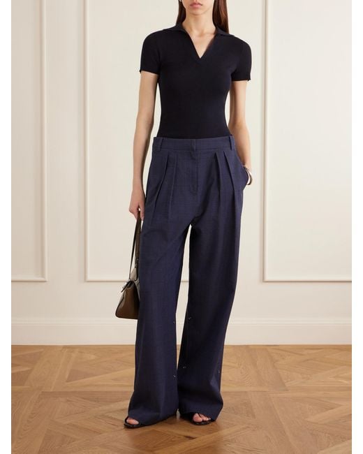 Tibi Blue Stella Pleated Checked Wool And Cotton-Blend Wide-Leg Pants