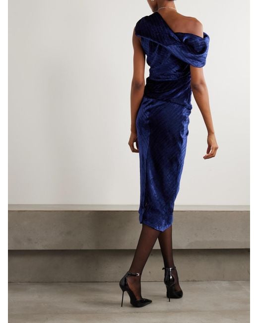 Isabel Marant Blue Cyane Asymmetric Ruched Devoré-Velvet Midi Dress