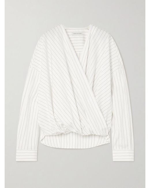 Dries Van Noten White Oversized Wrap-Effect Pinstriped Cotton-Poplin Blouse