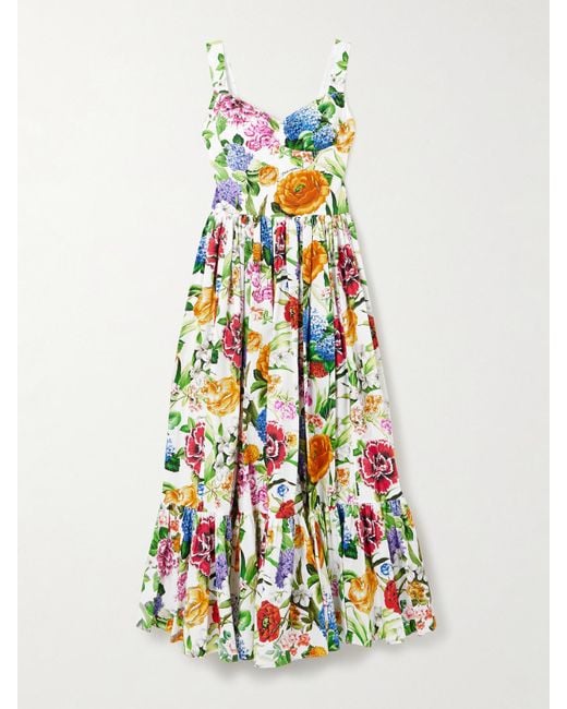 Dolce & Gabbana White Tiered Pleated Floral-Print Cotton-Poplin Midi Dress