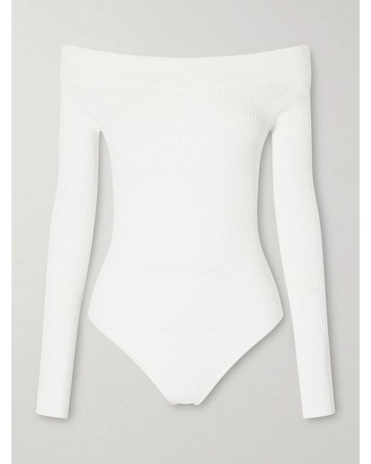 Alaïa White Off-The-Shoulder Ribbed-Knit Bodysuit