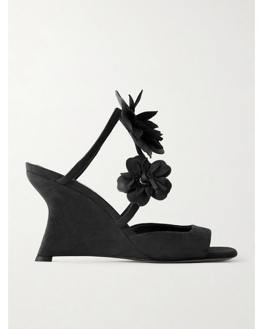 Zimmermann Black Belara Embellished Leather-Trimmed Suede Wedge Mules